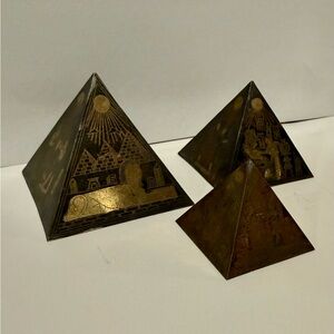 Set (3) Antique Copper Etched Sphinx Giza Pyramid w/ Egyptian Hieroglyphs